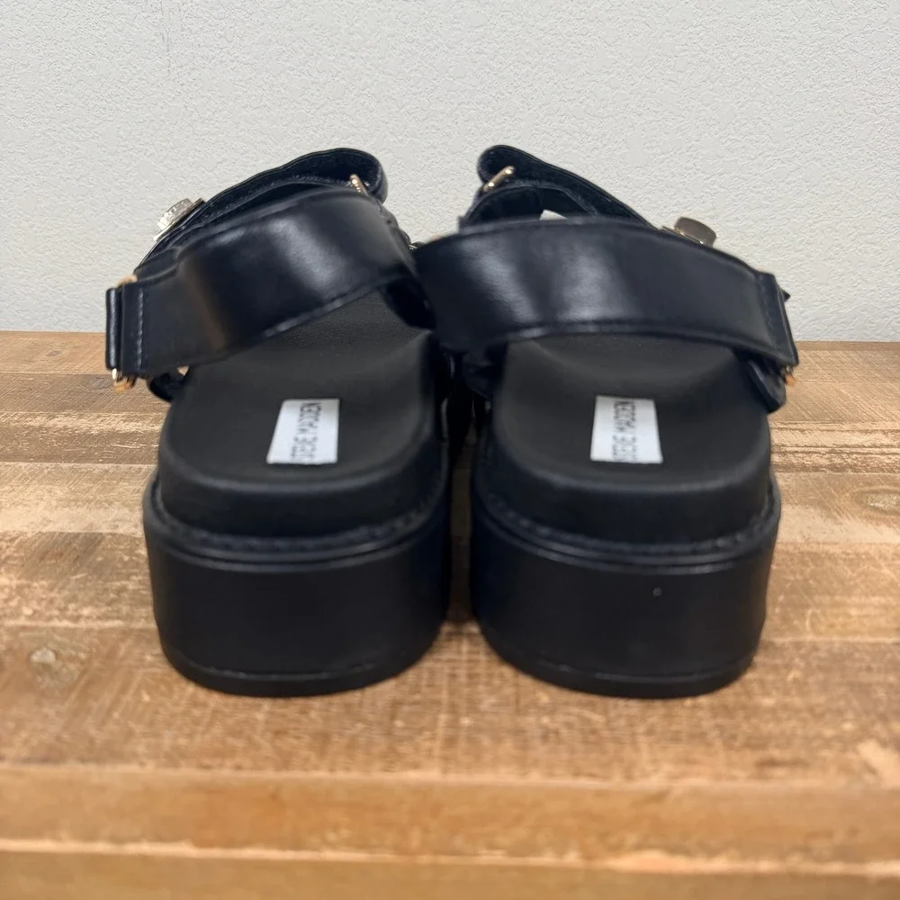 Steve Madden Big Mona Platform‎ Sandals Women 9 Black Leather Gold Turn Lock